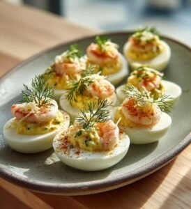 Ägghalvor med räkor, dill och pepparrot