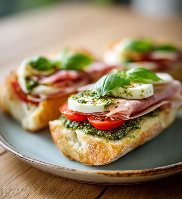 Varma mackor med skinka, pesto och mozzarella
