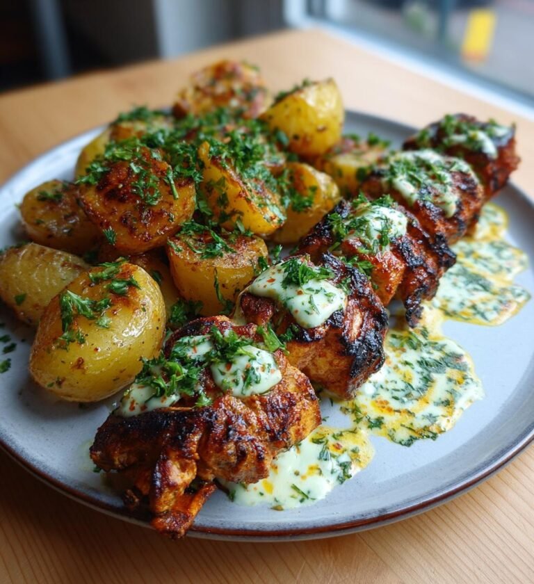 Kycklingkebab i ugn med vitlökssås och rostad potatis