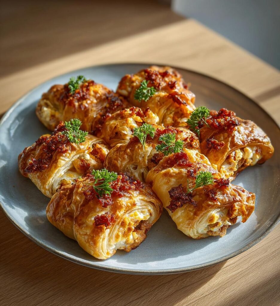 Smördegsrullar med kyckling, ajvar och fetaost