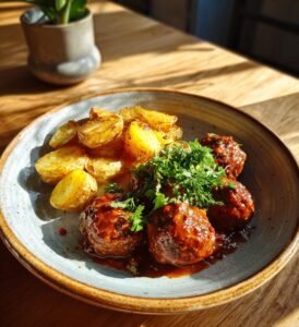 Köttbullar i enbärssås med rostad potatis