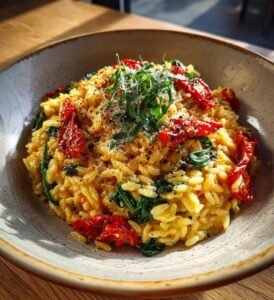 Krämig orzo med rostad paprika och spenat