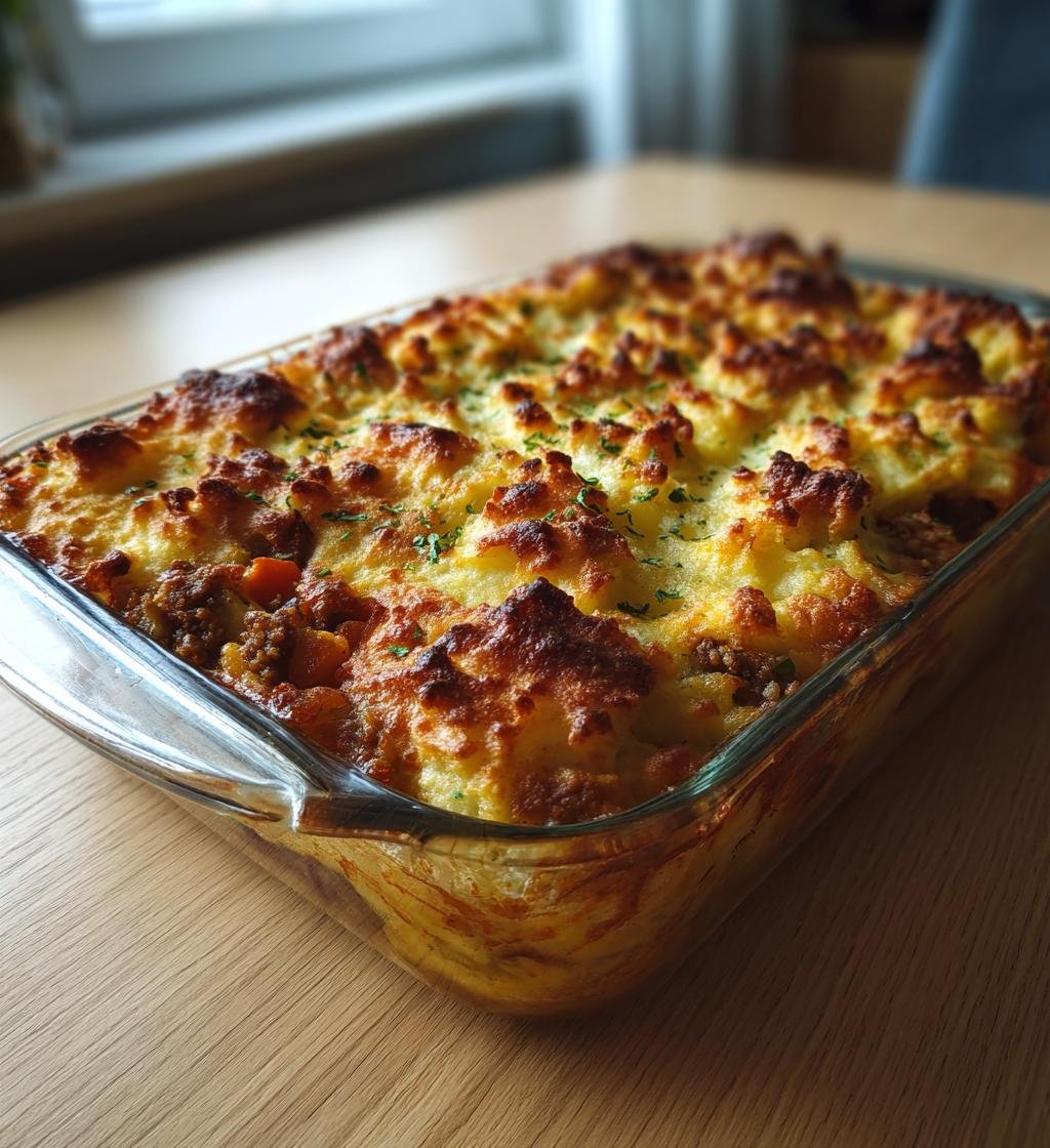 Cottage pie med morötter, ärtor och cheddarmos - Enkel och God