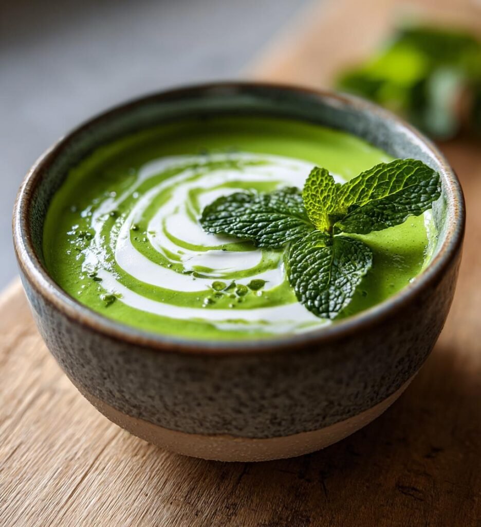 Grön ärtsoppa med mynta och crème fraîche