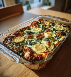 Laxfilé med färskosttäcke, spenat och citron