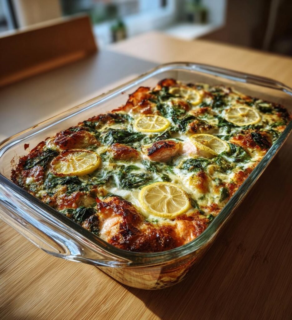 Laxfilé med färskosttäcke, spenat och citron