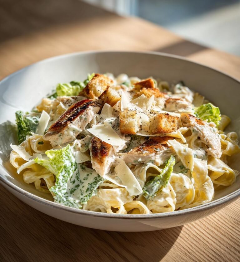 Caesarpasta med kyckling, parmesan och krutonger