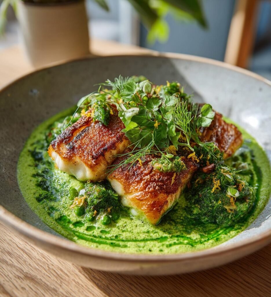 Parmesanbakad torsk med örtig ärtpuré