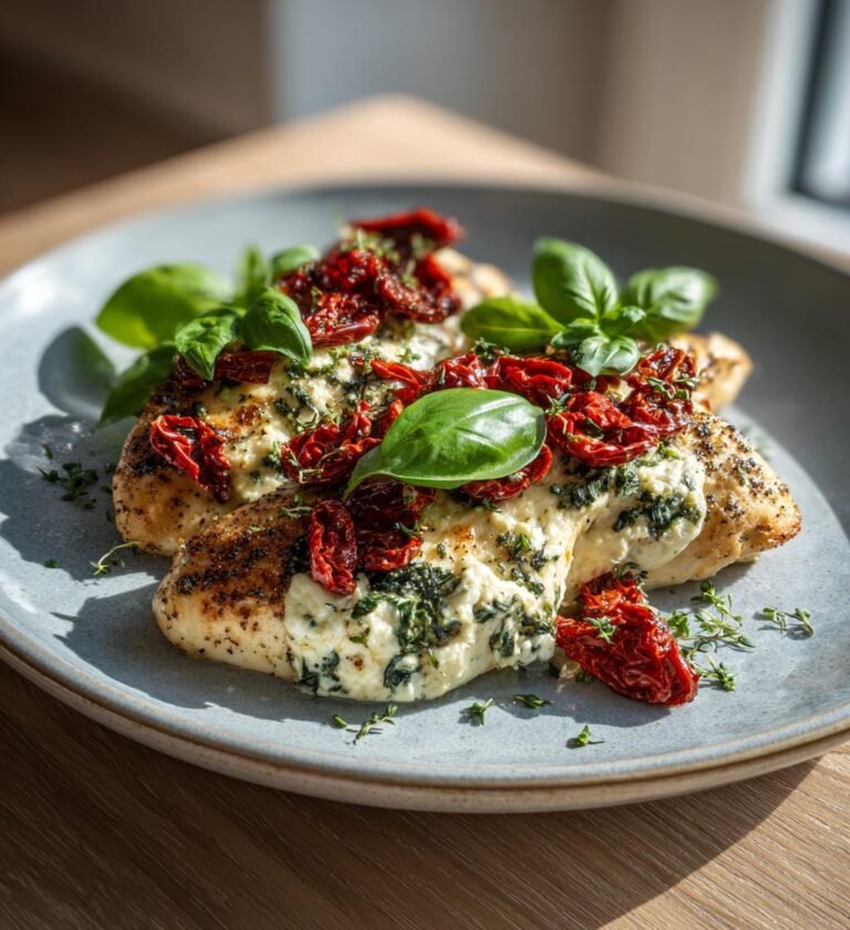 Fyllda kycklingfiléer med färskost och soltorkade tomater