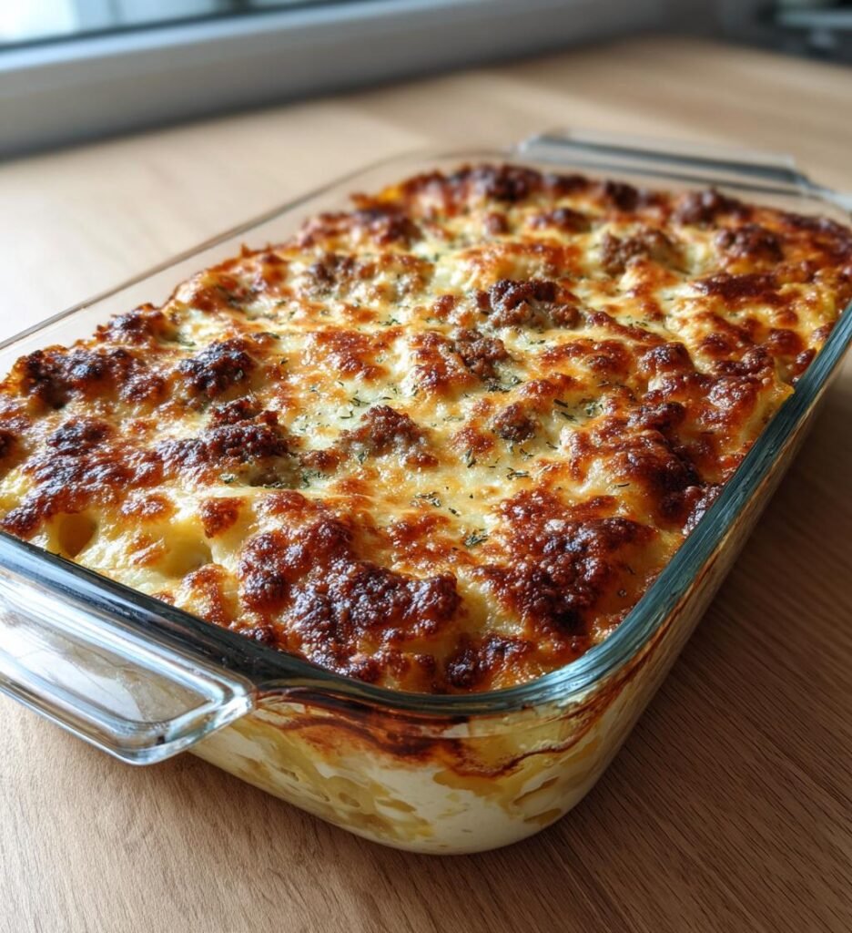 Krämig makaronigratäng med köttfärs och bacon