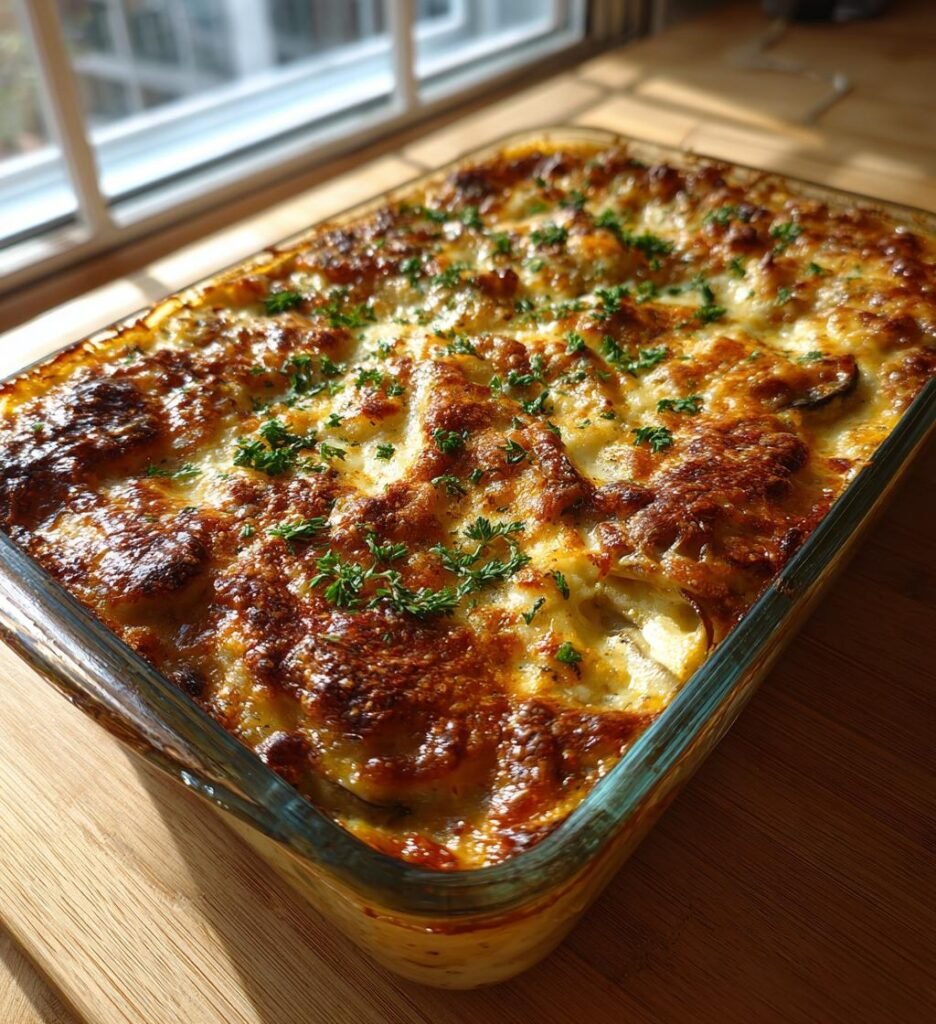 Kycklingmoussaka med aubergine och krämigt osttäcke