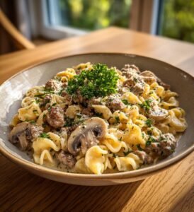 Krämig köttfärspasta med svamp och vitlök
