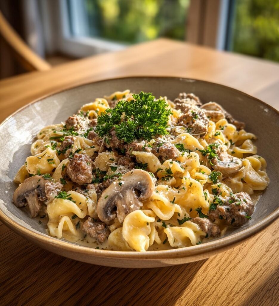 Krämig köttfärspasta med svamp och vitlök