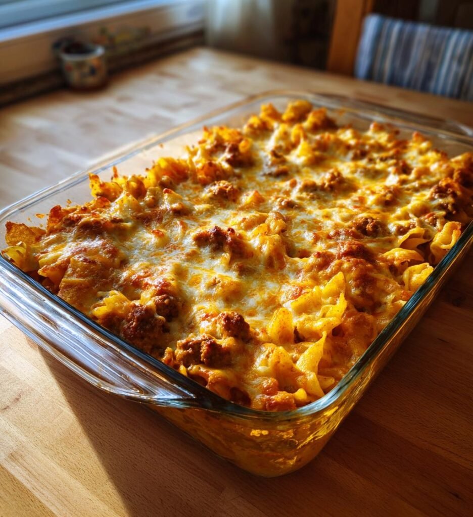 Tacopasta i ugn med köttfärs och nachotäcke