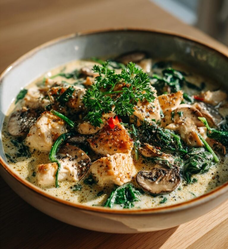 Kycklingstroganoff med dijon och färsk spenat