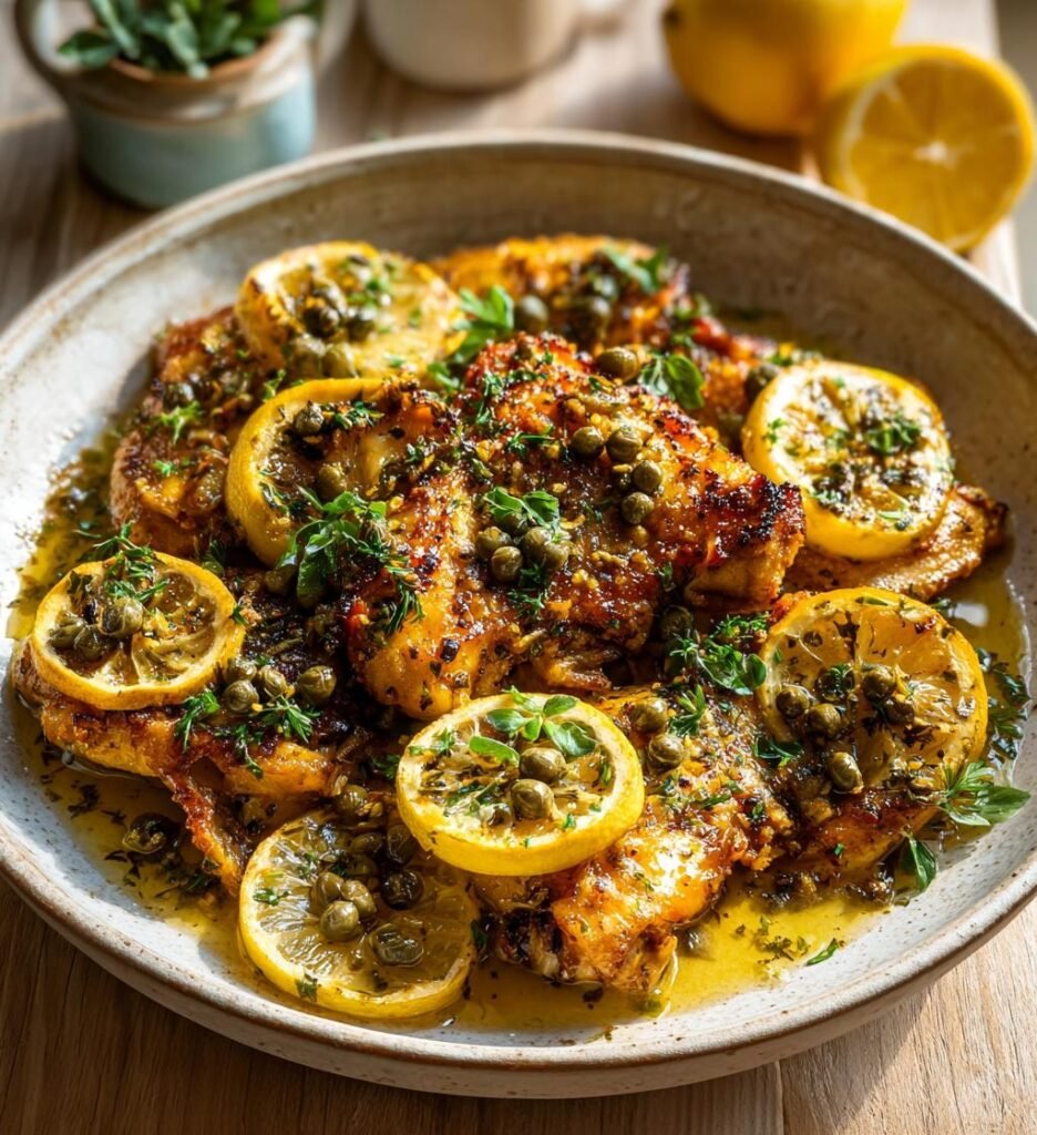Ugnskyckling med citron, kapris och brynt smör