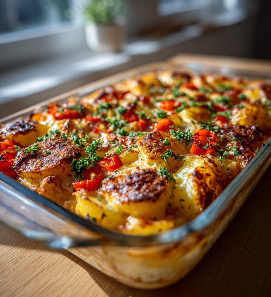 Ostig korv- och potatispanna med paprika