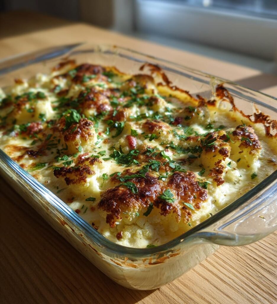 Skinkgratäng med blomkål och krämig senapssås