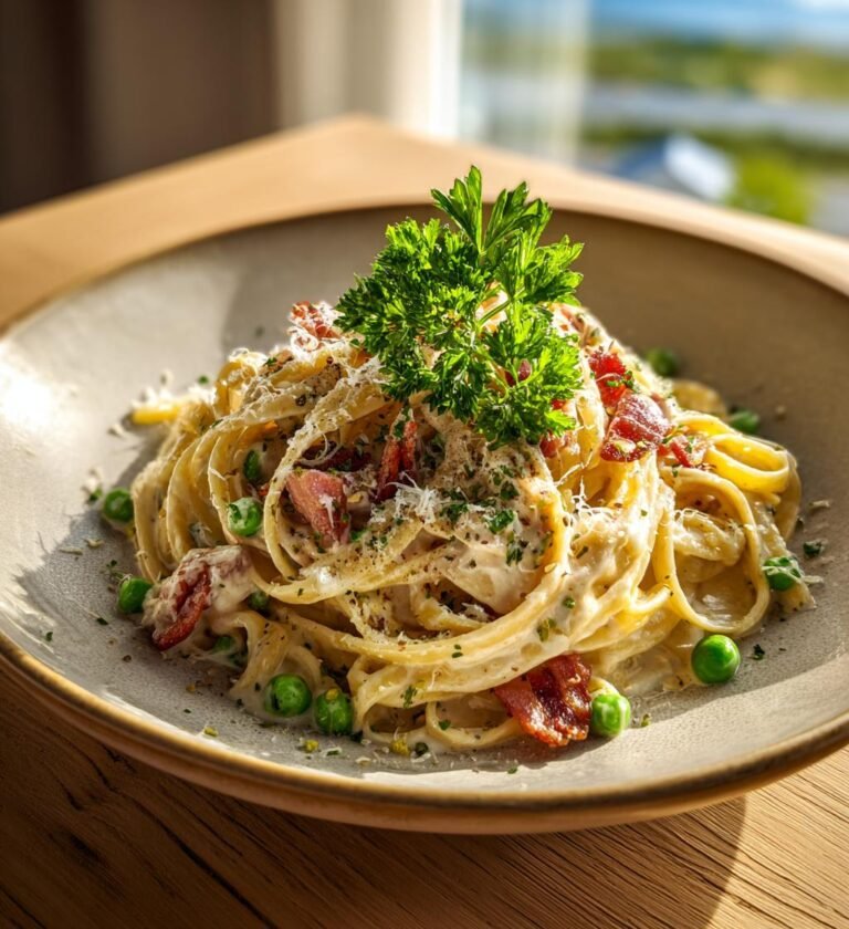 Kycklingpasta med bacon, ärtor och vitlöksost
