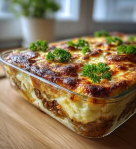 Potatismoussaka med linser och mozzarella