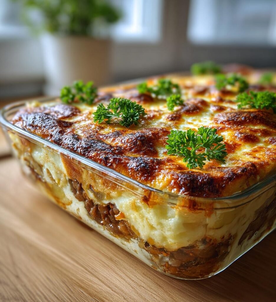 Potatismoussaka med linser och mozzarella