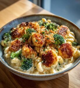 Mac and cheese med broccoli och krispig lök