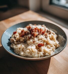 Krämig baconrisotto med köttfärs och parmesan