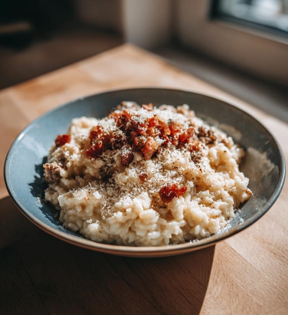 Krämig baconrisotto med köttfärs och parmesan