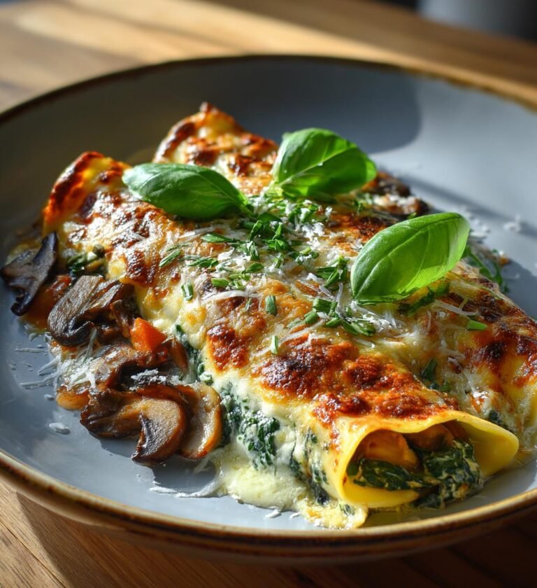 Lasagnerullar med svamp, spenat och tre sorters ost