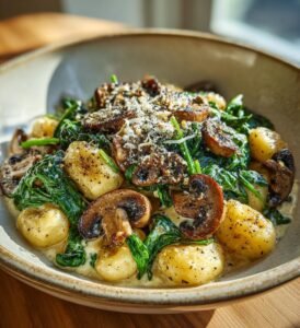 Krämig gnocchi med spenat och svamp