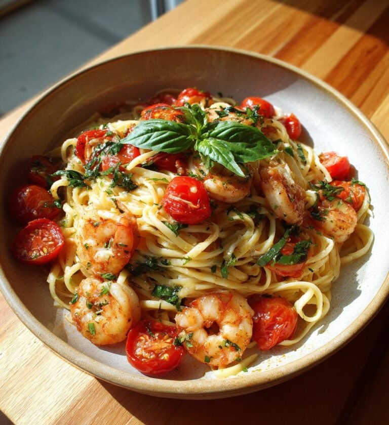 Räkpasta med rostad vitlök och körsbärstomater