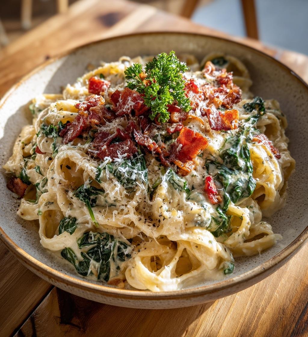 Krämig fläskpasta med bacon och spenat – Enkel och God vecka middagsrecept