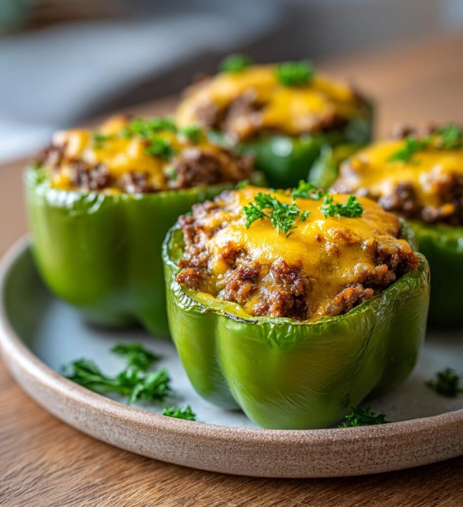 Cheeseburgerfyllda paprikor med cheddar
