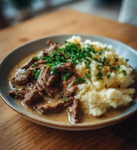 Biff stroganoff med senapspotatismos