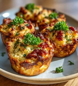 Ostiga pastamuffins med bacon och örter