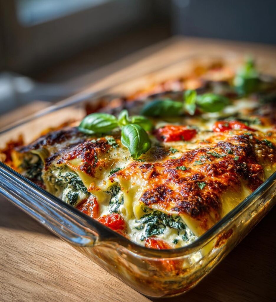 Zucchinirullar med ricotta, spenat och tomatsås