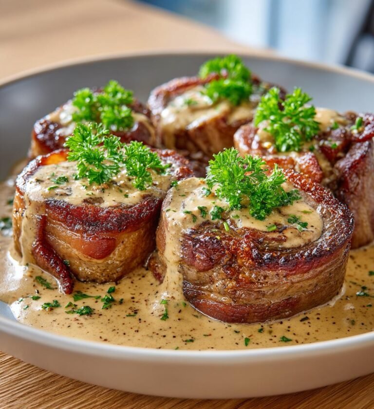 Lövbiffsrullader med bacon och krämig senapssås