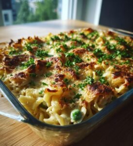 Krämig tonfiskgratäng med pasta och ärtor
