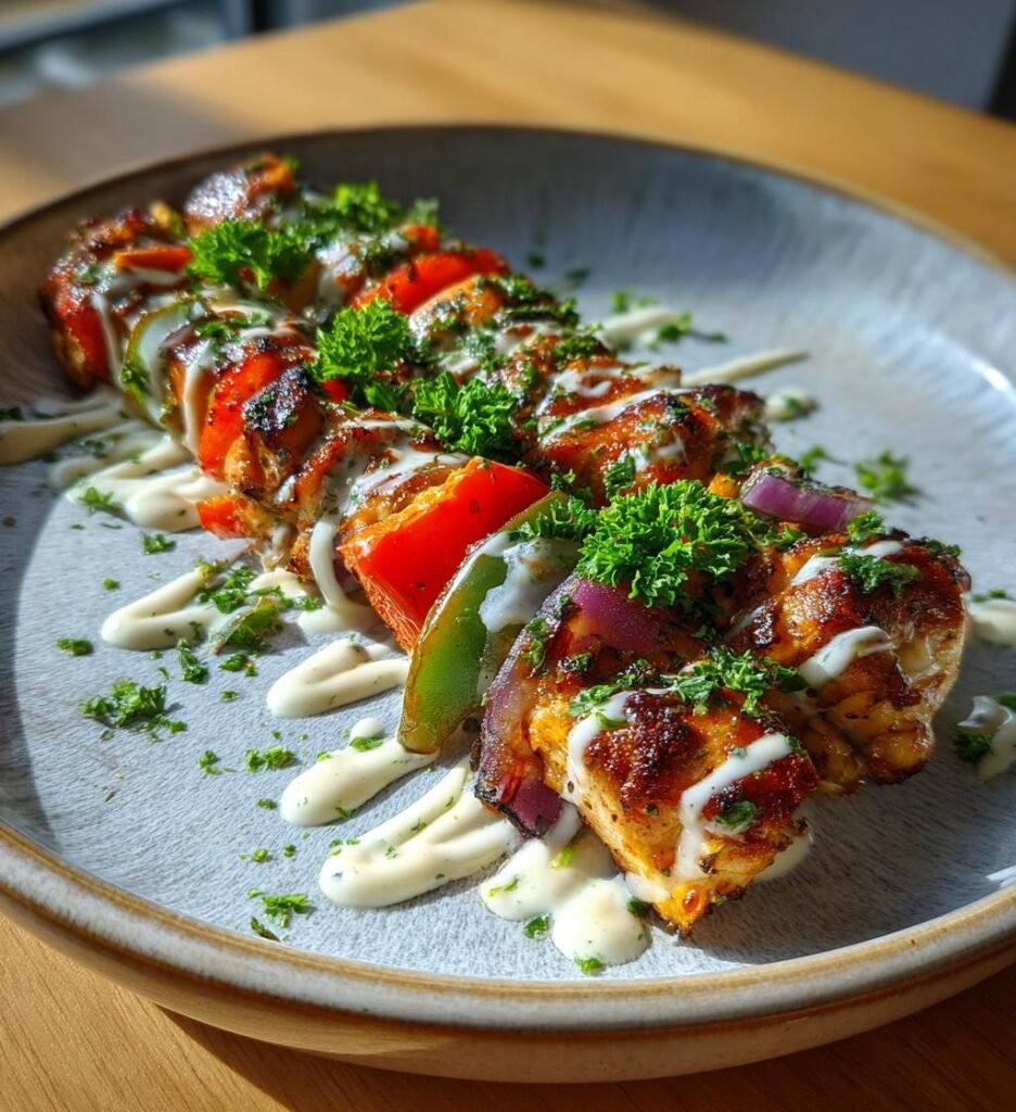 Ugnsbakad kycklingkebab med krämig vitlökssås
