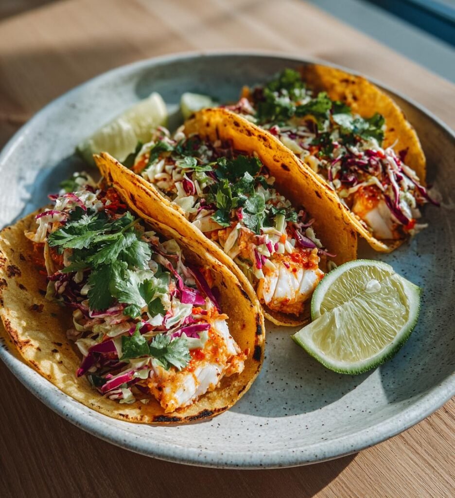 Frasiga fisktacos med kålsallad och lime
