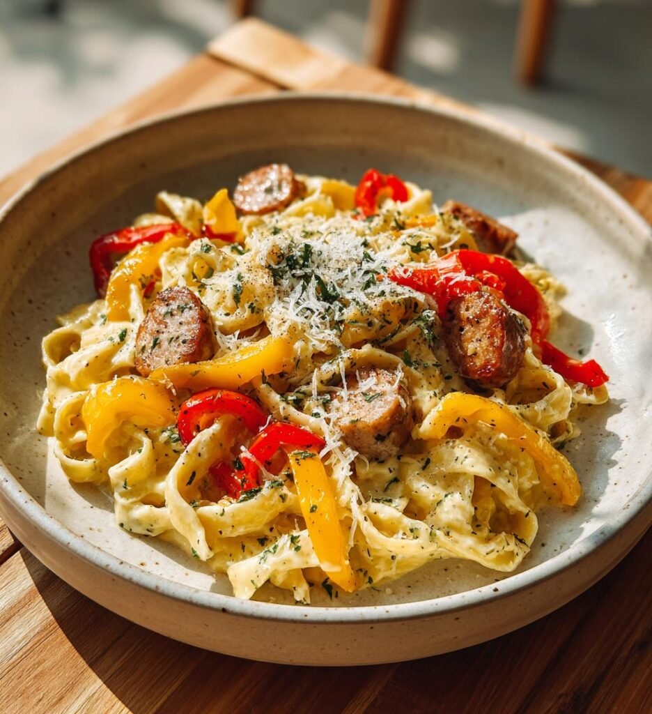 Krämig korvpasta med paprika och parmesan