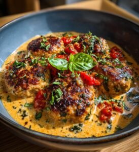 Ostfyllda köttfärsbiffar i krämig tomatsås