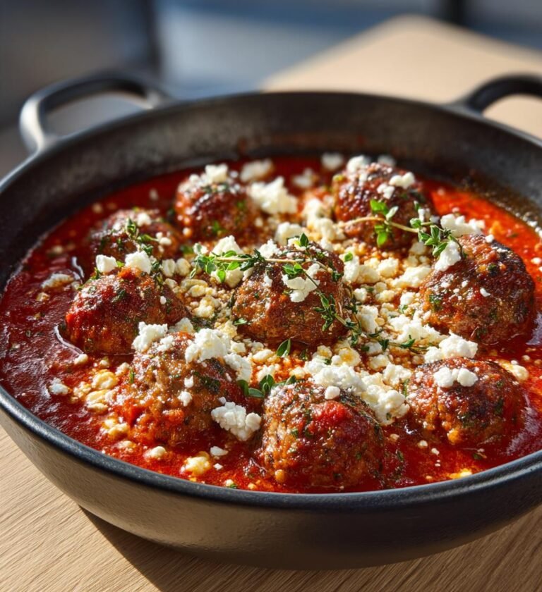 Köttbullar i paprikasås med fetaost och oregano