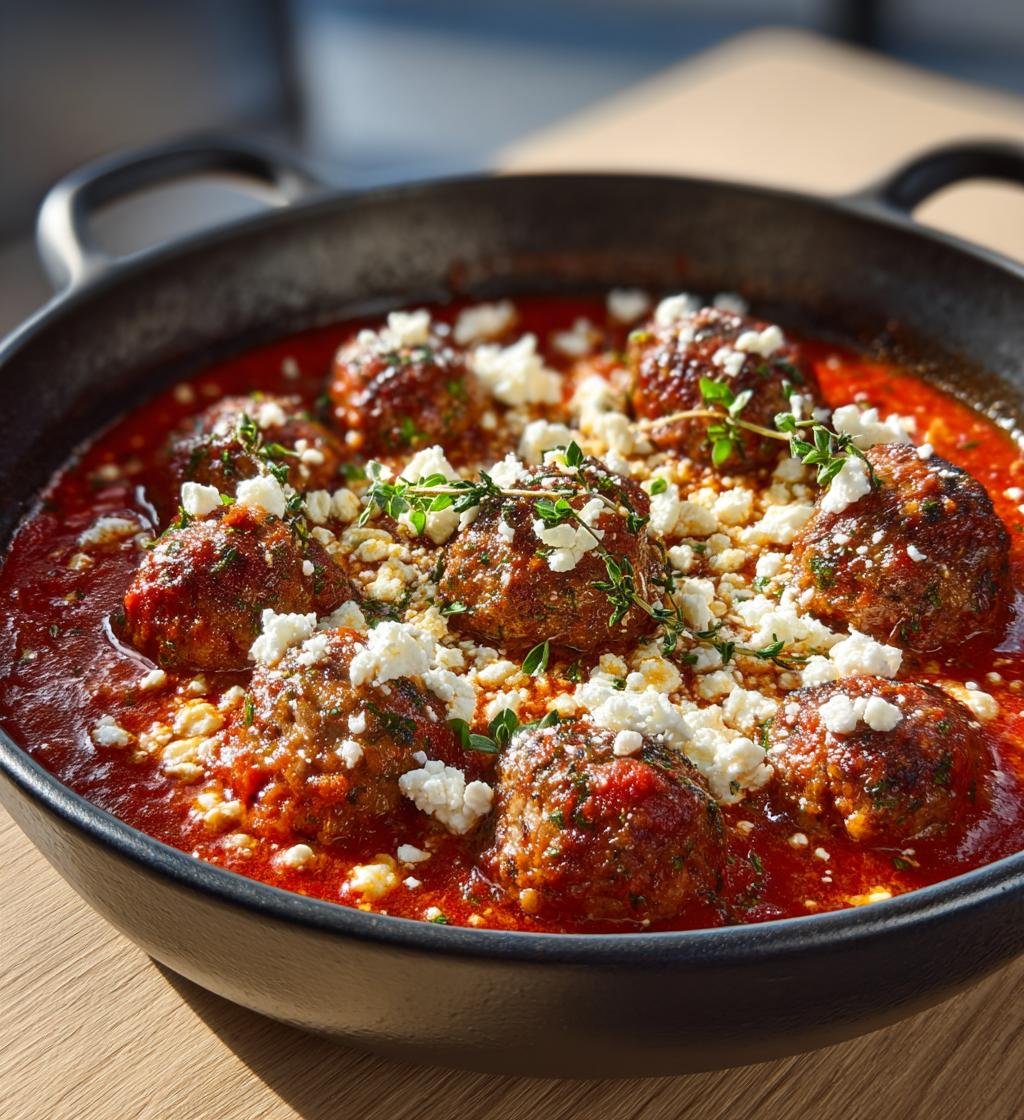 Köttbullar i paprikasås med fetaost och oregano - Enkel och God