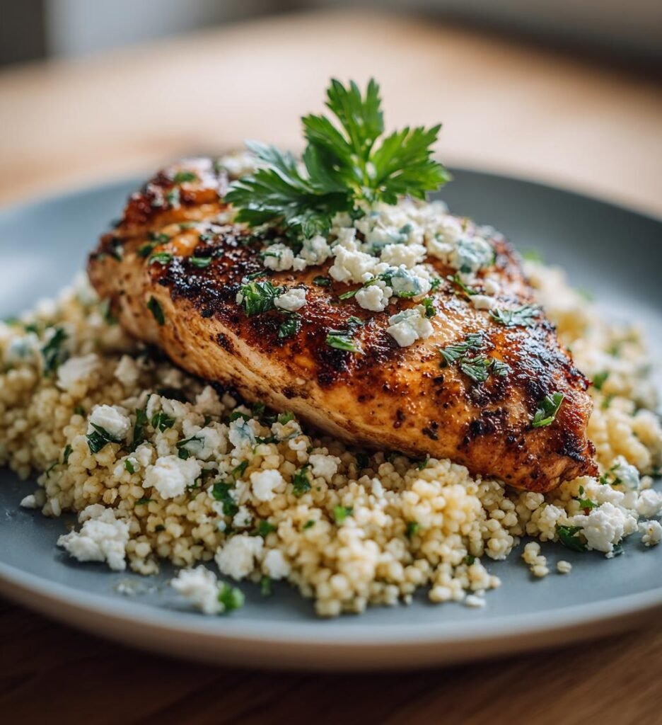 Örtfylld kycklingfilé med citronbulgur och fetaost