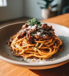 Pasta med lövbiff, svartpepparsås och parmesan