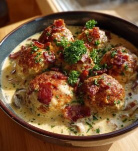Bacon- och ostfyllda köttbullar i svampsås