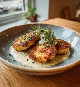 Ostfyllda fiskbiffar med kall örtsås