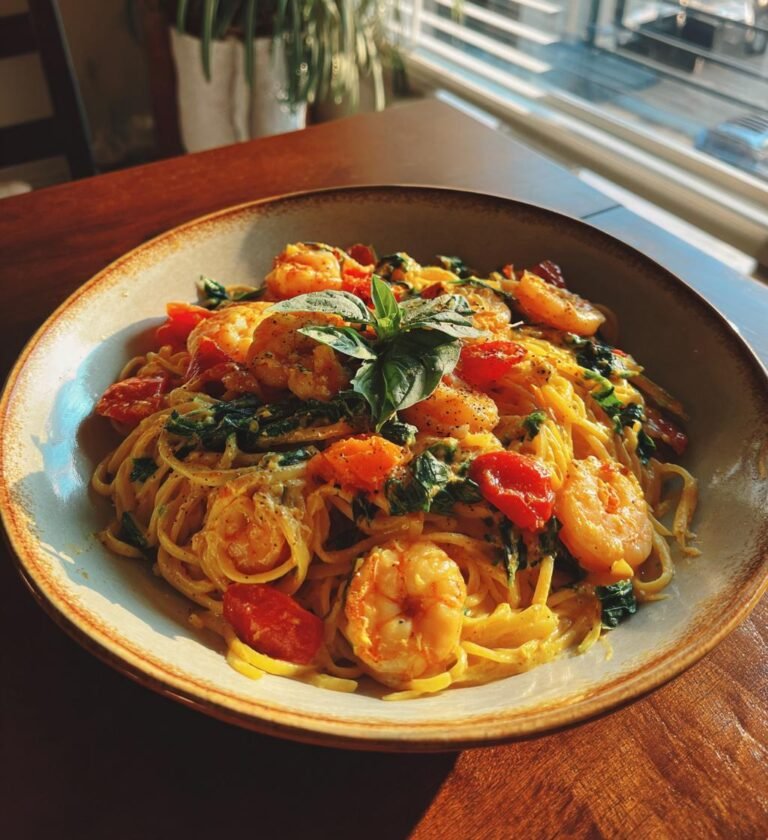 Krämig räkpasta med rostad paprika