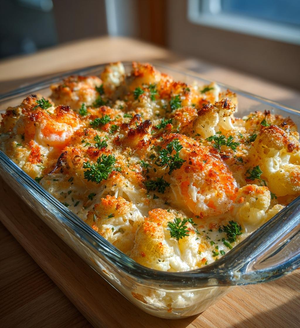 Räkgratäng med blomkål, vitlök och parmesan – Enkel och God